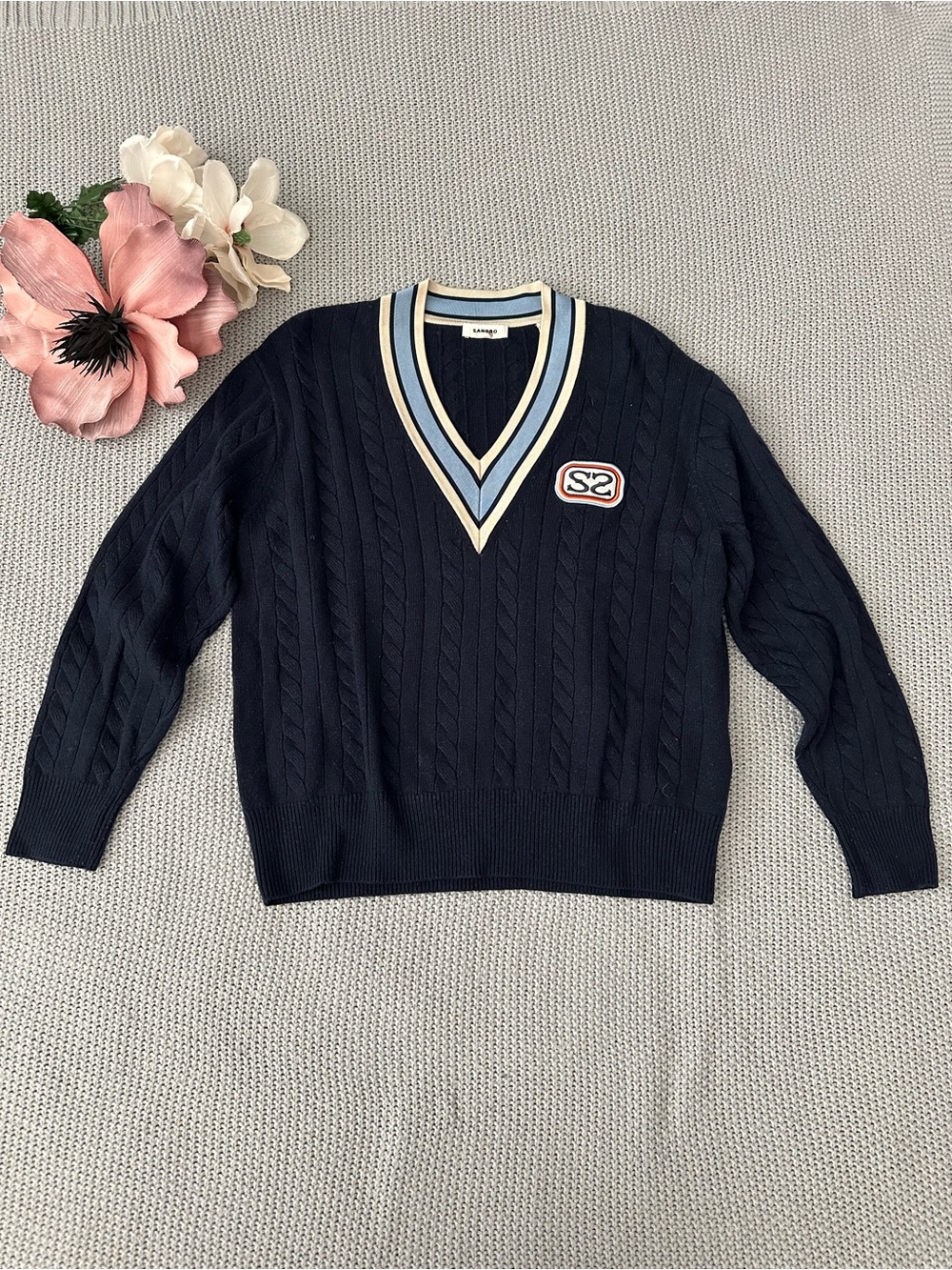 Sandro Collegiate Monogram V-Neck Sweater Size Medium